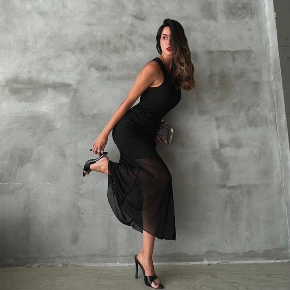 ZARA LONG BLACK DRESS WITH SHEER CHIFFON PANEL